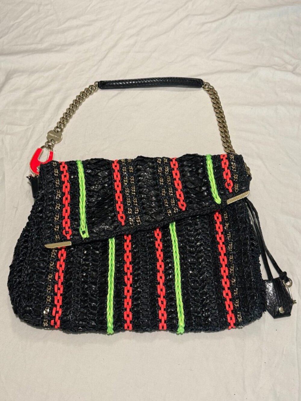Jimmy Choo Black Woven Raffia and Snake Chain Shoulder Bag Neon Padlock Charm